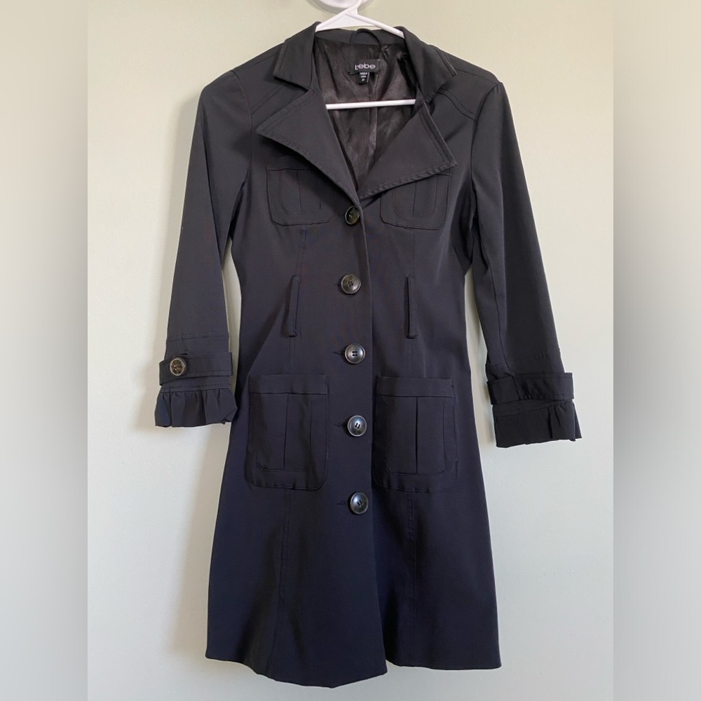 Bebe Black Cotton Blend Ruffle Detail Trench Coat XS